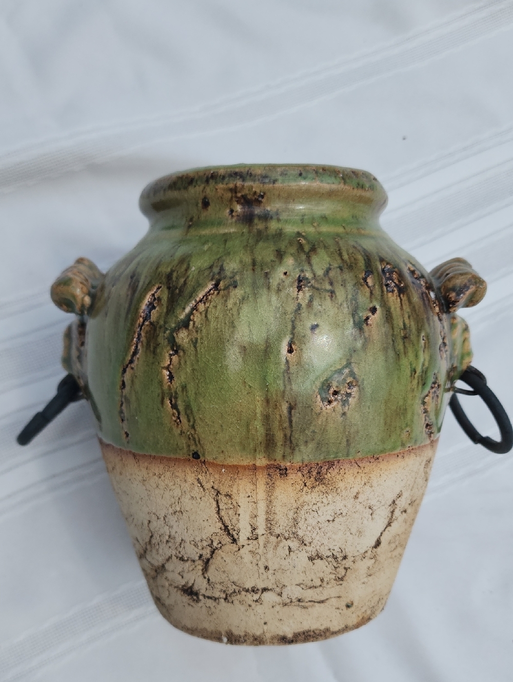 Green and Cream Rustic Clay Pottery Vase w/ Lion Heads & METAL Ring Side Handles